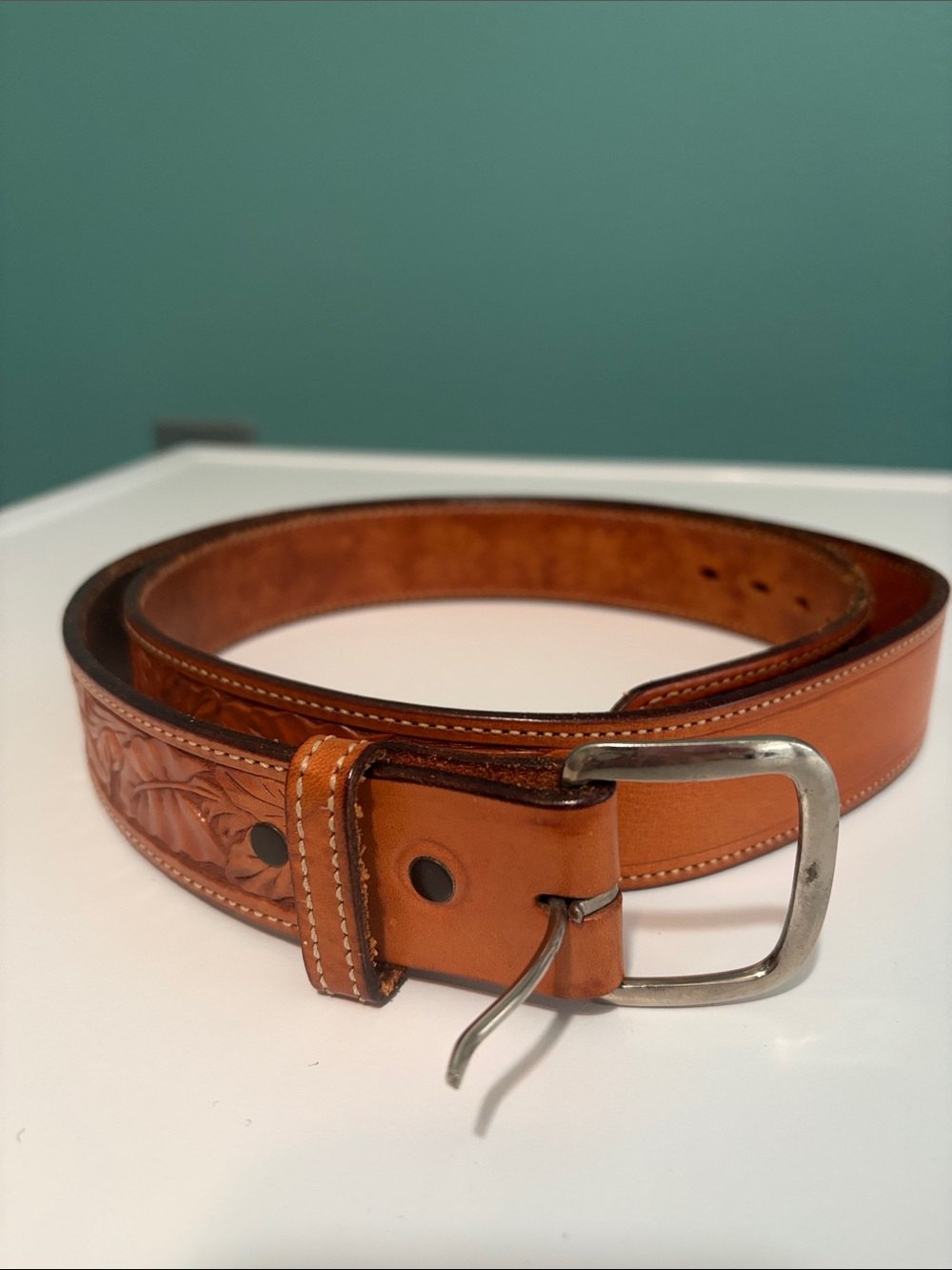 Men's Tooled Western Leather Belt - Tan size 42